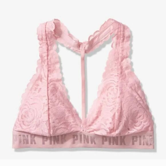 NEW Victoria's Secret Pink Lace T-Strap Logo Bralette in Pink Size Small - Picture 4 of 15